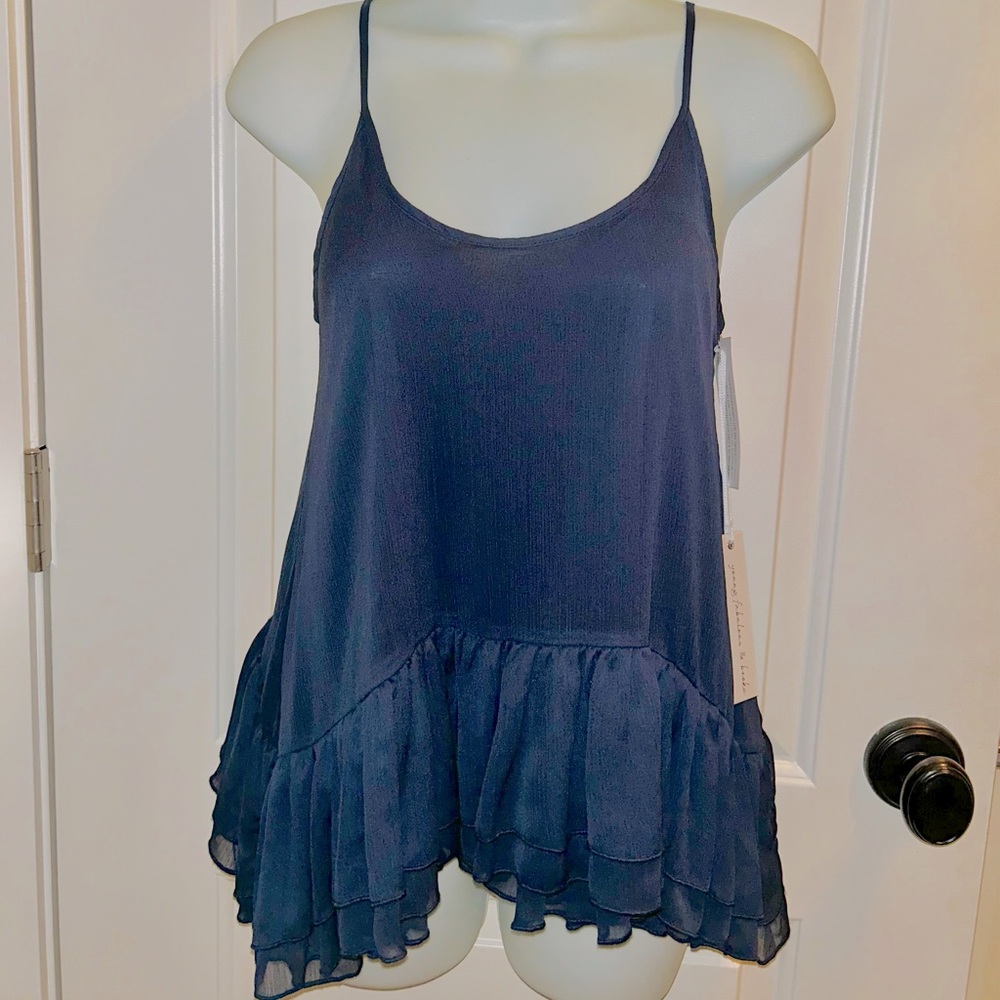 Beautiful Silky peplum, ruffled accent, navy top by Young Fabulous & Broke -sz S